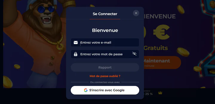 Nine Casino formulaire de connexion avec e-mail, mot de passe, récupération du mot de passe et connexion avec Google